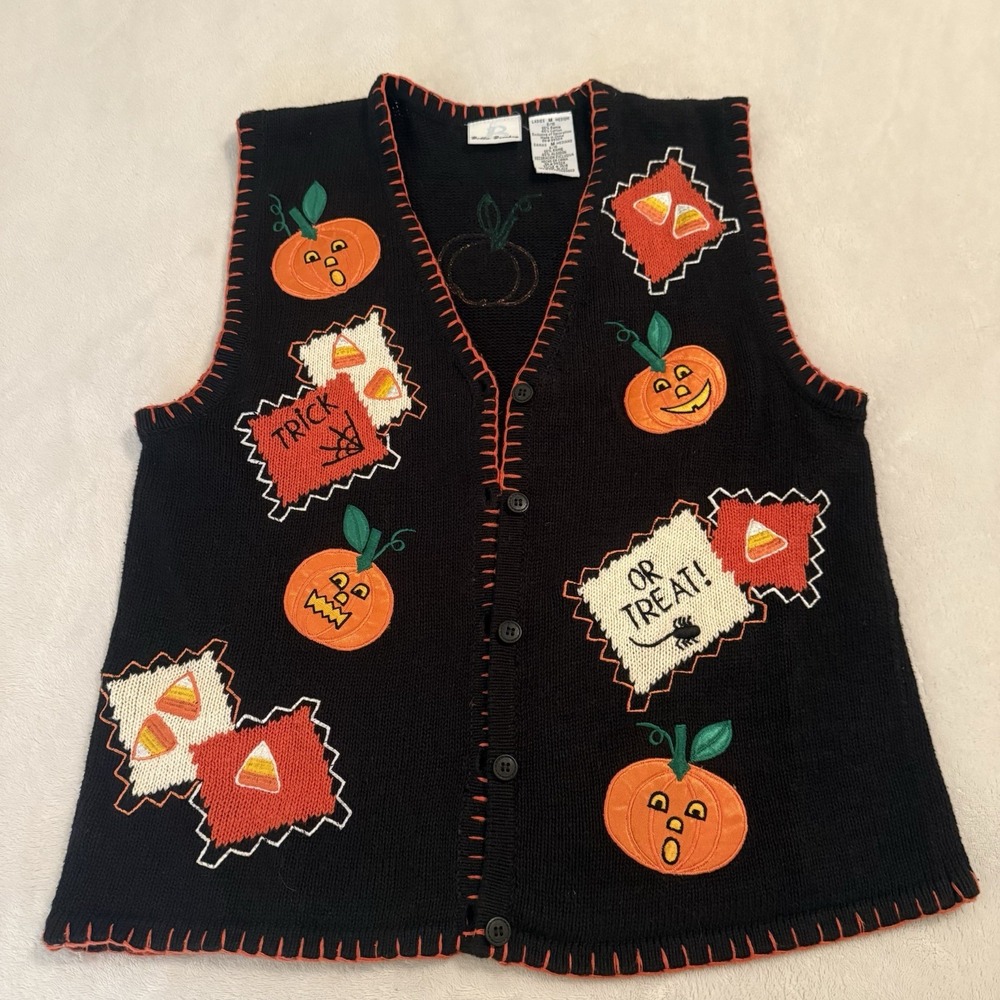 Vintage Bobbie Brooks Halloween Pumpkins Knit Sweater Vest Women's Size Medium